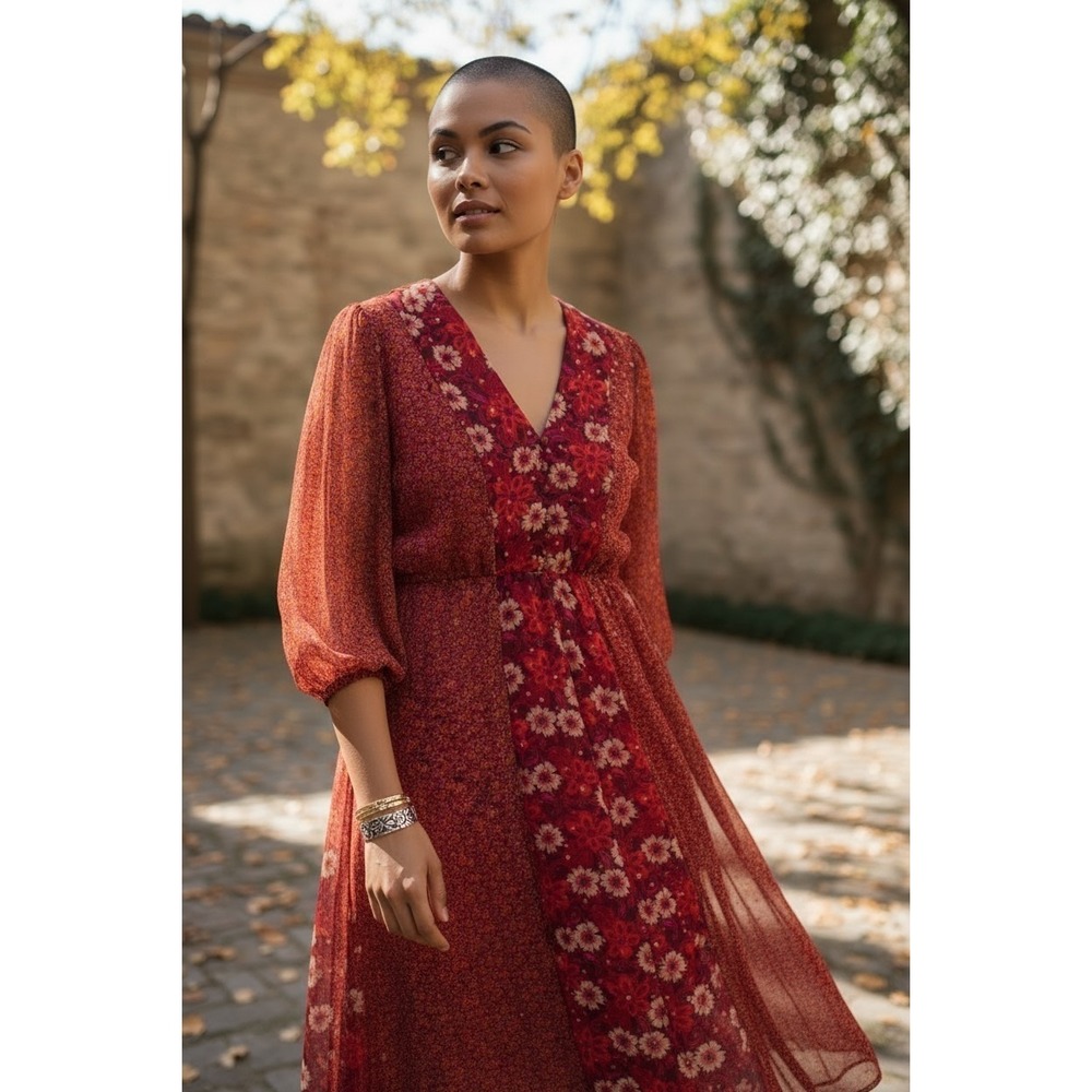 Taylor Red Floral Chiffon Maxi Dress 4 3/4 Sleeve Romantic Maximalist